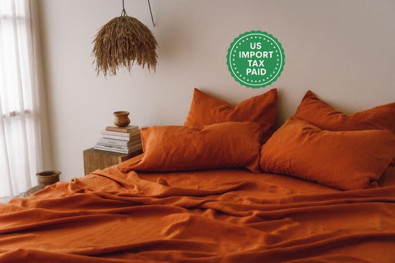 Burnt orange linen pillowcase Burnt orange pillow cover King Queen Standard Euro Decorative Lumbar, Custom size Envelope closure
