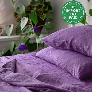 Sábana plana de lino orquídea 1 Sábana plana Sábana de bolsillo profundo de lino morado suavizado Sábana de lino violeta lavado a la piedra Decoración de granja