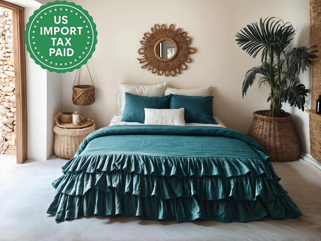 Teal Linen Triple Ruffled Duvet Cover 1 Duvet Cover Softened Linen Dark ...