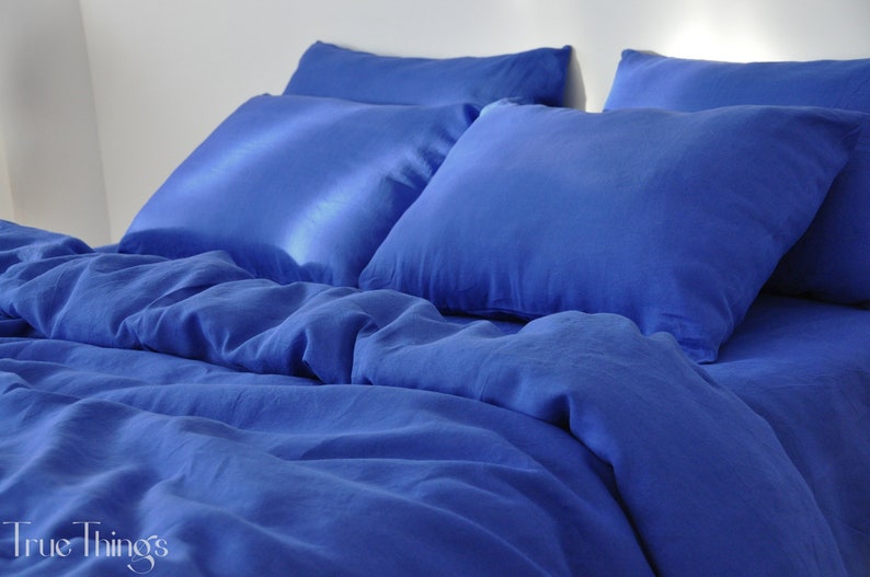 Royal blue linen duvet cover 1 duvet cover Softened linen Comforter cover Coconut buttons Ribbon ties Hidden closure Stonewashed image 1