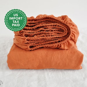 Burnt orange linen fitted sheet 1 Fitted sheet Softened linen sheet Stonewashed linen Linen bedsheet Orange fitted sheet