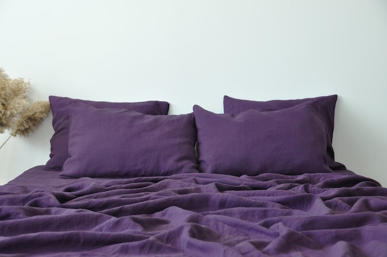 Deep purple linen sheet set 1 flat sheet and 1 fitted sheet and 2 pillowcases Softened linen bedding Stonewashed Purple bedding set image 5