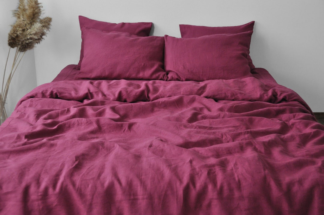Raspberry Linen Bedding Set 1 Duvet Cover and 2 Pillowcases Softened