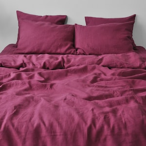 Raspberry linen bedding set 1 Duvet cover and 2 Pillowcases Softened linen Comforter cover set Quilt cover set Hidden closure