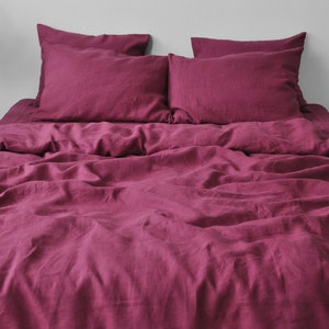 Set di biancheria da letto in lino color lampone 1 copripiumino e 2 federe Set di copripiumino in lino ammorbidito Set di copripiumino Chiusura nascosta