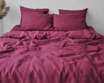 Raspberry linen bedding set 1 Duvet cover and 2 Pillowcases Softened linen Comforter cover set Quilt cover set Hidden closure