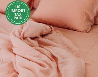 Persikafärgat linnesängkläderset 1 påslakan och 2 örngott Mjukt linnesängkläder i persikafärgat