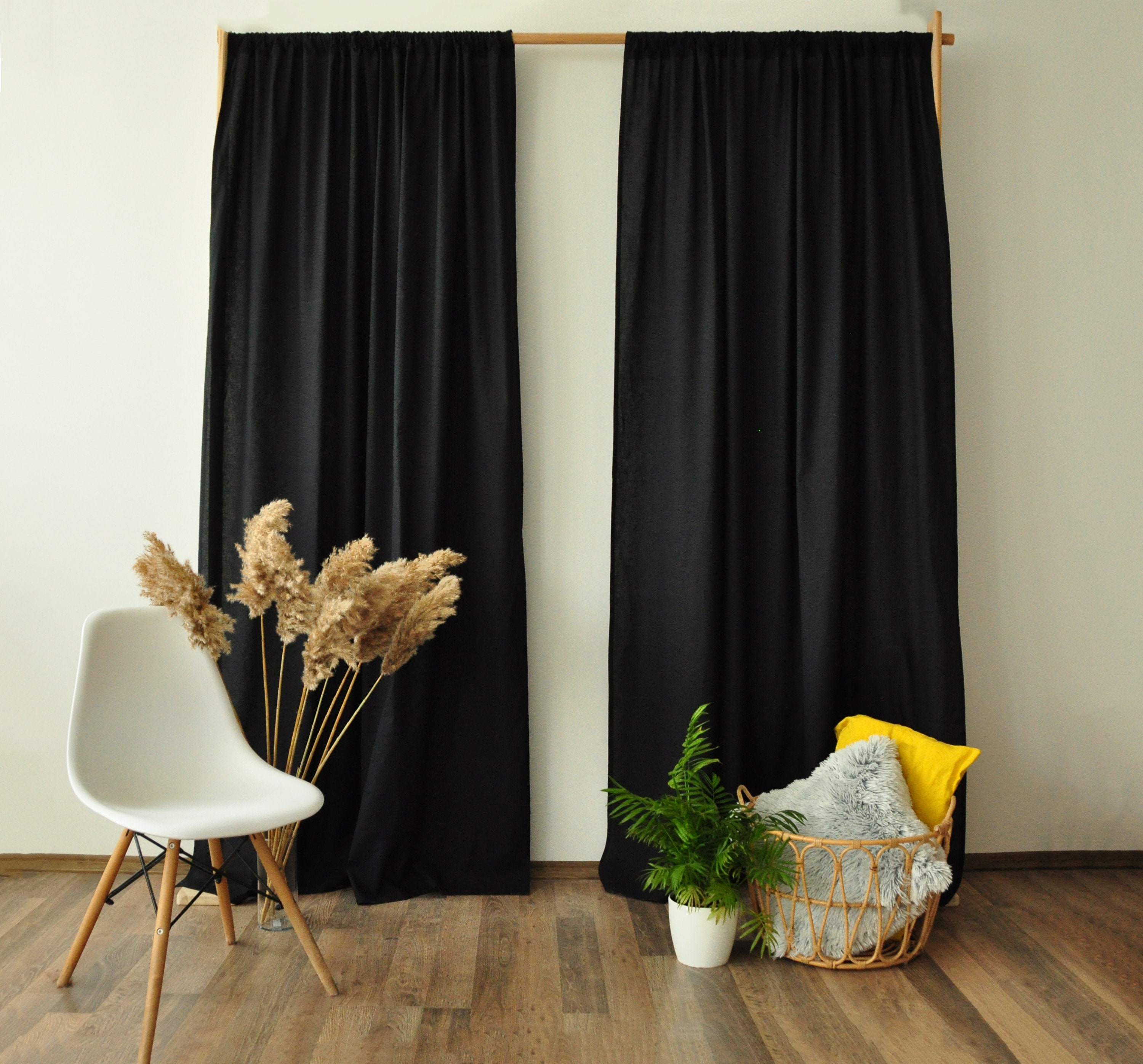 Black linen curtains / 2 panels / Stonewashed linen curtains / Etsy
