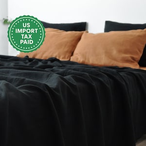 Black linen coverlet with or without filling Softened linen Medium weight Double Queen California KingCustom size bed cover