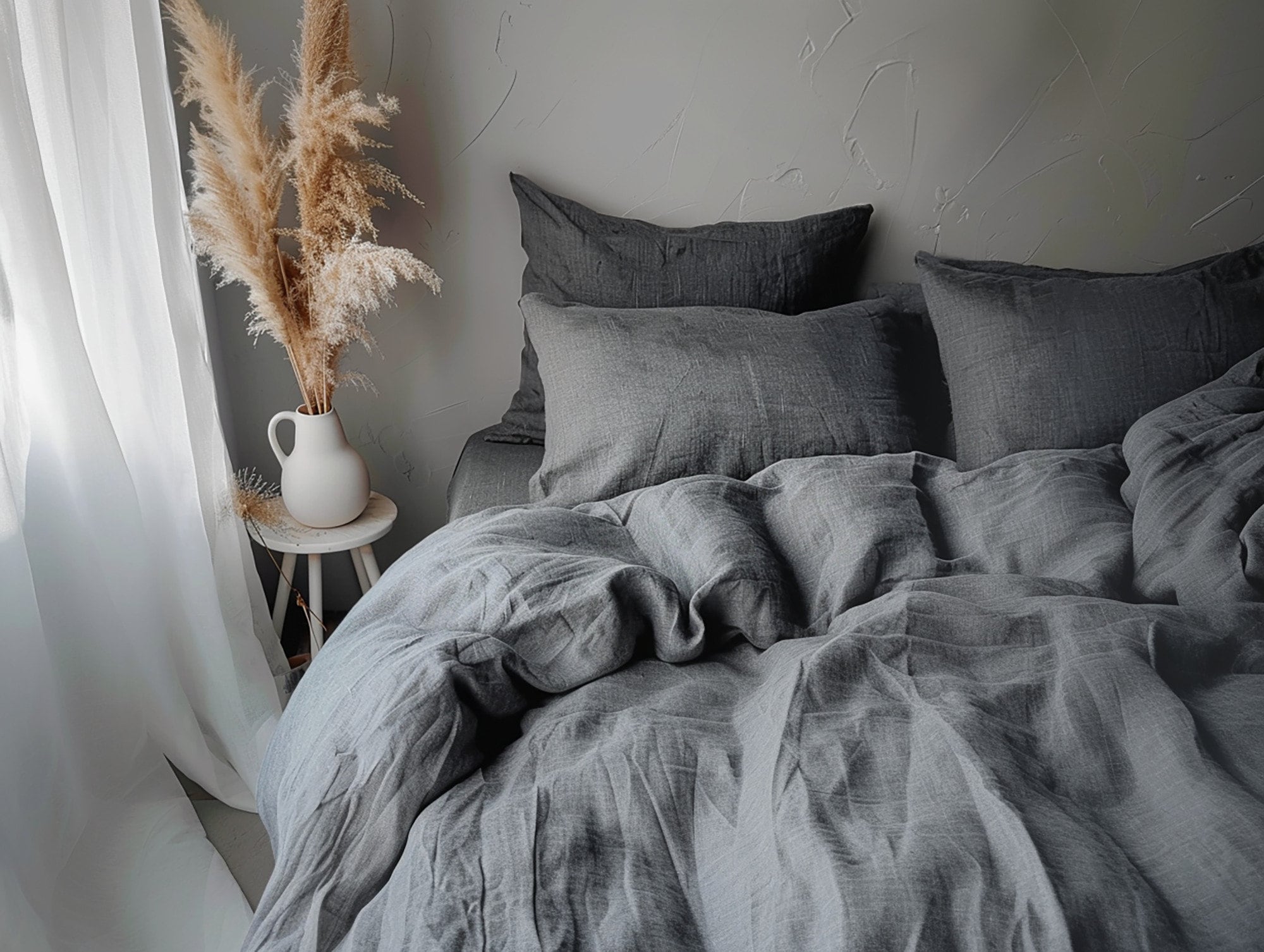 Dark gray melange linen bedding set Duvet cover and 2 Pillowcases in deep gray color Softened linen bedding Hidden buttons Coconut buttons