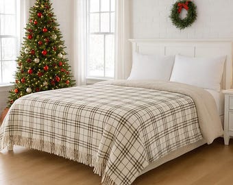 Milch und Braun Halb Wolle Tartan Plaid Decke Weicher, Gemütlicher Überwurf, Warme Wollmischung Bett Plaid für Zuhause oder Sofa