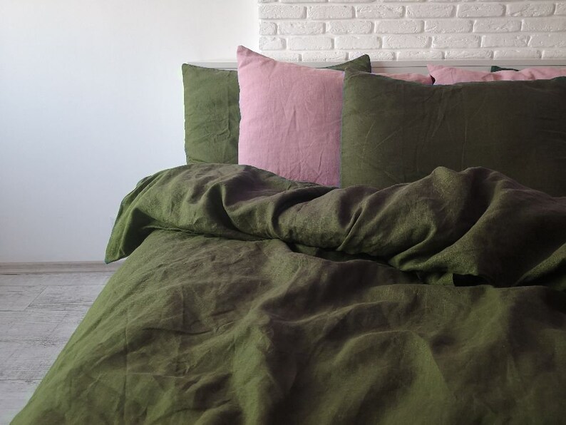 Dark olive green linen duvet cover with ribbon ties ...
