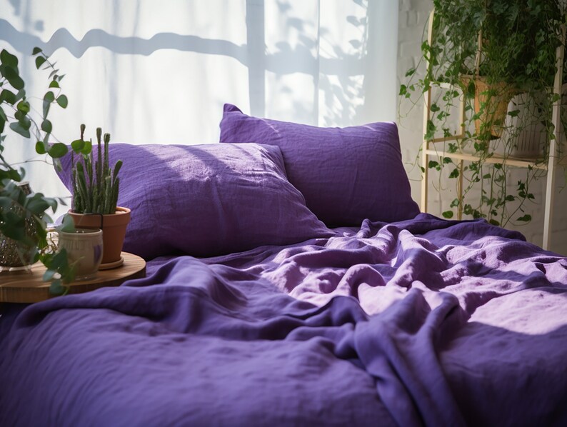 Violet linen sheet set 1 flat sheet and 1 fitted sheet and 2 pillowcases Purple softened linen bedding Stonewashed Lavender bedding set image 6