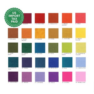 May include: A colour chart displaying 30 fabric swatches in a range of hues, such as maroon, scarlet red, and bright orange. Each swatch is labelled with a number and colour name. A green circular stamp with the text "US IMPORT TAX PAID" is in the upper left corner.