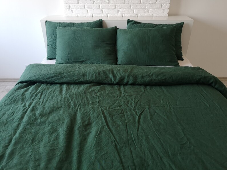 Forest green linen bedding set / 1 Duvet cover 2 Pillowcases Etsy