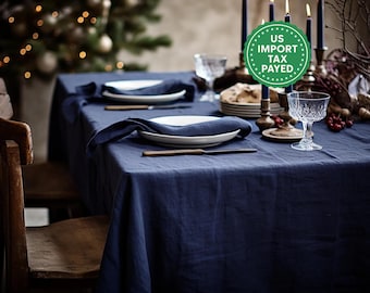 Indigo rektangulär linneduk Jultema rund fyrkantig duk Blå rustik linneduk Stentvättad linne Anpassade storlekar