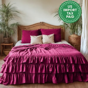 60 colors linen triple ruffled bedding set Duvet cover and 2 pillowcases with ruffles Softened linen Comforter cover set Quilt cover set