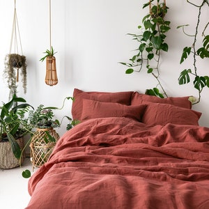 PRONTO PER LA SPEDIZIONE Set di 2 federe in lino Redwood Super Standard Chiusura a busta Copricuscino in lino rosso-marrone