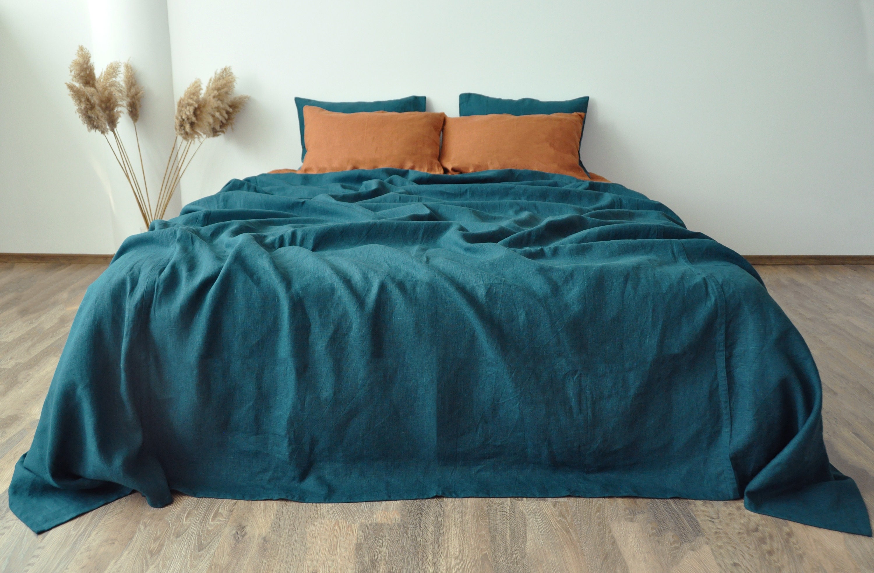 Teal linen coverlet / 1 blue green coverlet / Single or double Etsy