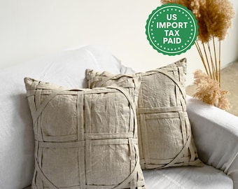 Undyed and other colors linen pillowcase Undyed linen pillow cover with fabric stripes Decorative Custom size Zipper closure