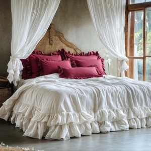 White linen double ruffled duvet cover 1 duvet cover Softened linen White comforter cover with two ruffles Ruffled linen duvet cover
