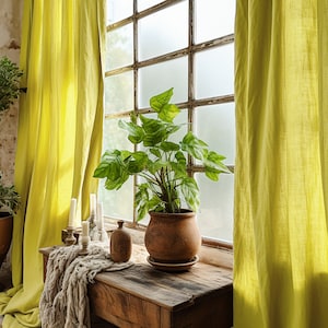 Cortinas de lino color amarillo chartreuse, regulares y opacas, 2 paneles, sin forro, algodón, forro opaco, lino de peso medio, tamaño personalizado