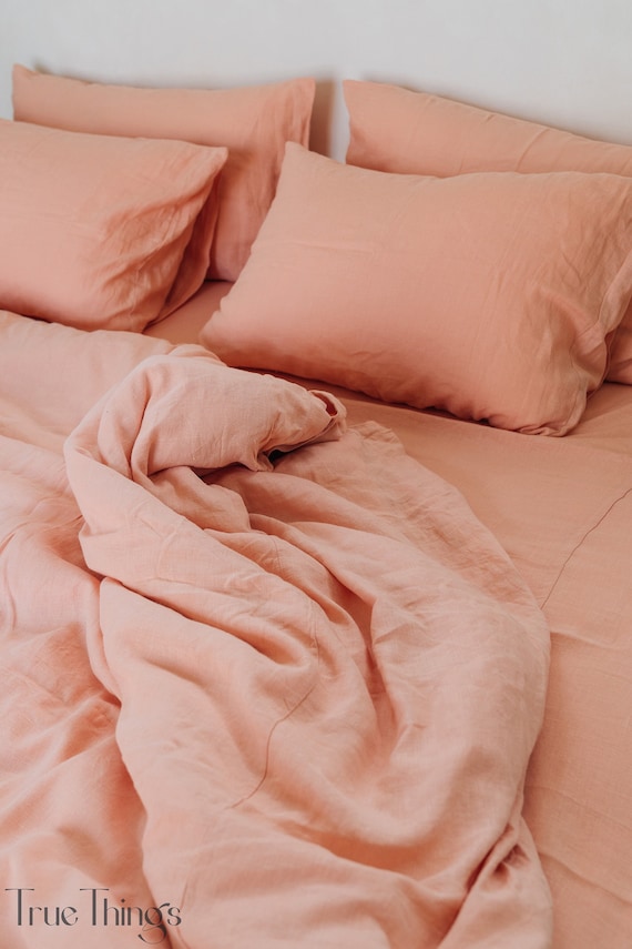 Peach linen bedding set 1 Duvet cover and 2 Pillowcases Softened