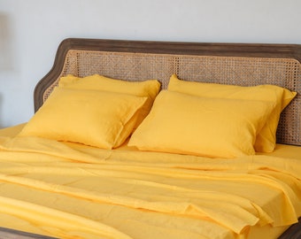 Bright yellow linen pillowcase Yellow pillow cover King Queen Standard Euro Decorative Lumbar, Custom size Envelope closure
