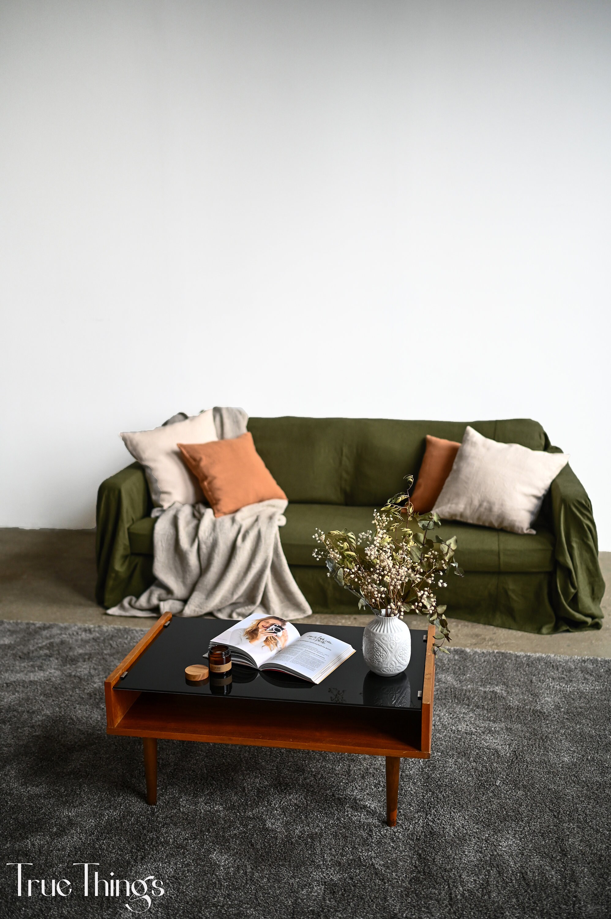Dark Olive Linen Sofa Slipcover Couch Throw Softened Linen Drop