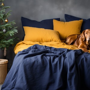 Christmas indigo linen coverlet with or without filling Softened linen Medium weight Double Queen California King Custom size bed cover