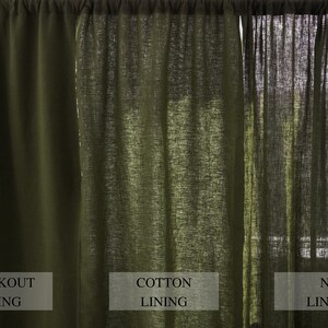 Dark olive regular and blackout linen curtains 2 panels Unlined Cotton Blackout lining Medium weight linen Custom size image 4