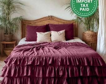 READY TO SHIP Burgundy linen triple ruffled bedding set Duvet cover and 2 pillowcases with ruffles Softened linen Comforter cover set Quilt