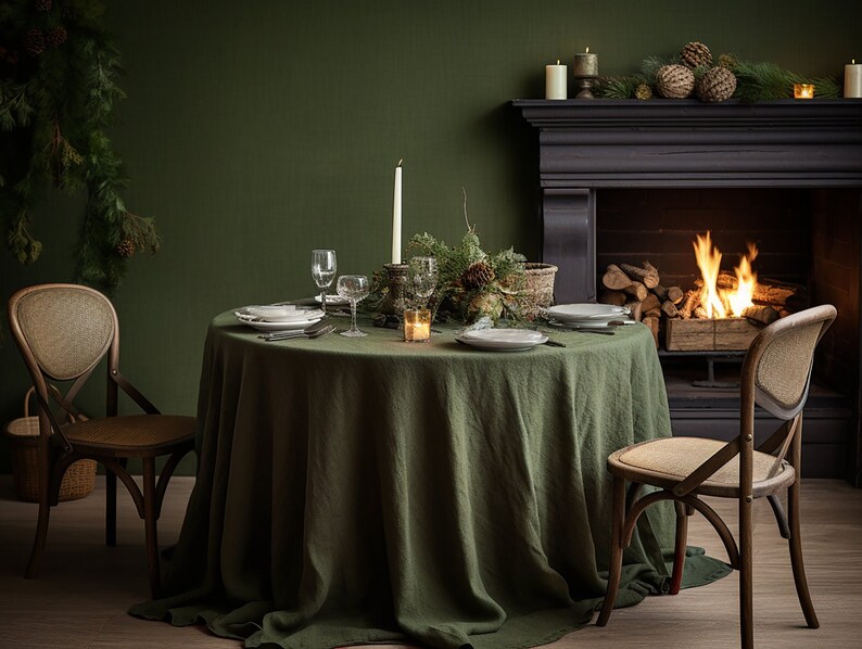 Dark olive round linen tablecloth Christmas theme rectangle square tablecloth Olive rustic linen table cloth Stonewashed linen Custom sizes image 1