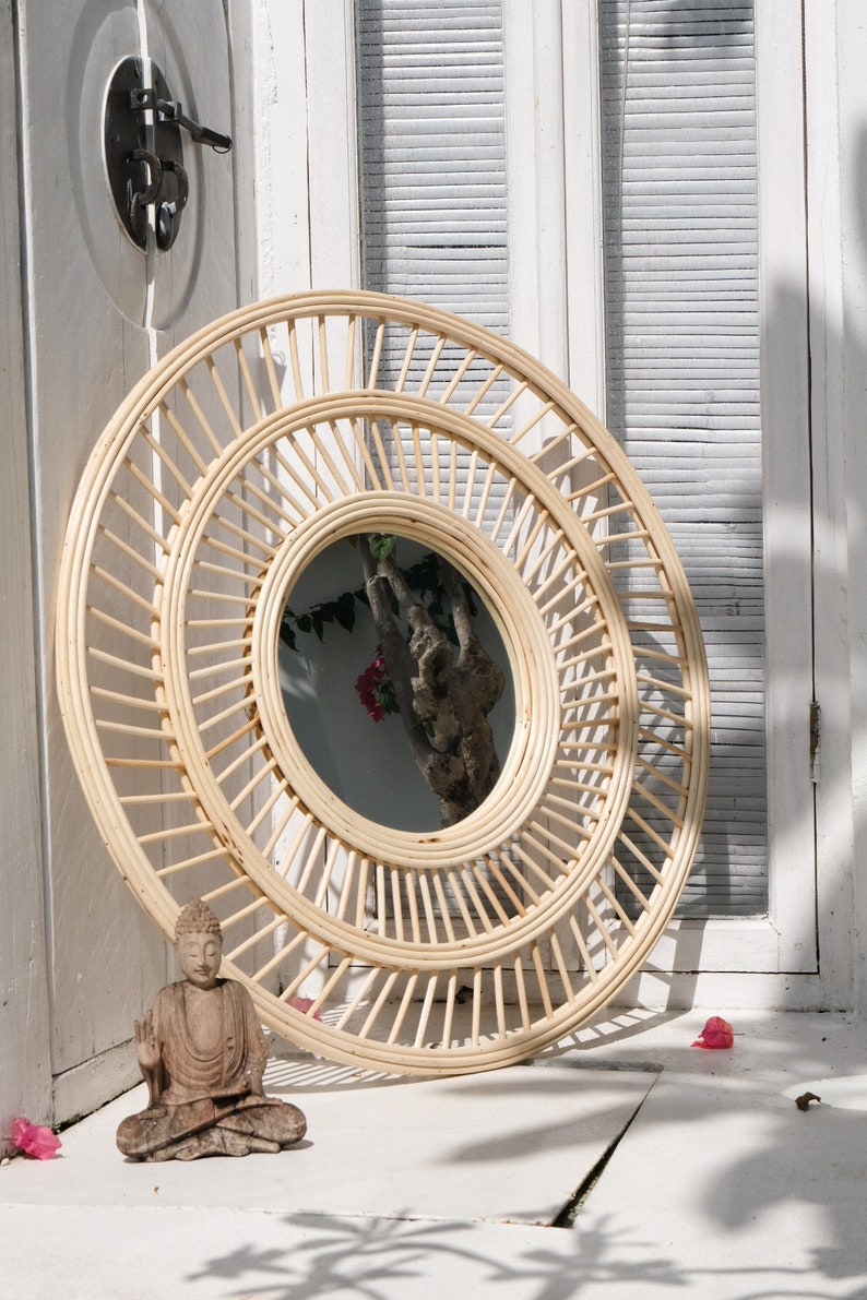 Large rattan wicker mirror Cane webbing mirror Bohemian home decor Boho decor Round framed decorative mirror Bamboo entryway mirror image 2