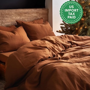 Christmas cinnamon linen bedding set 1 Duvet cover and 2 Pillowcases Brown softened linen bedding Comforter cover set Quilt cover set