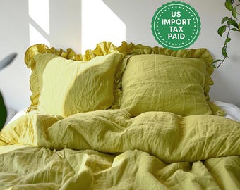READY TO SHIP Chartreuse yellow and other colors ruffled linen pillow cover Linen pillowcase with ruffles Standard Queen King pillow case