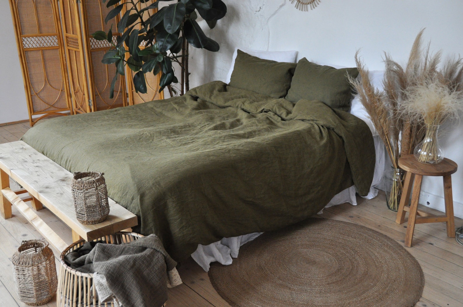 Dark olive linen bedding set / 1 Duvet cover 2 Pillowcases Etsy