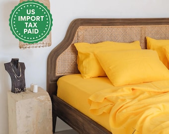 Bright yellow linen sheet set 1 flat sheet and 1 fitted sheet and 2 pillowcases Softened linen bedding Stonewashed Yellow bedding set