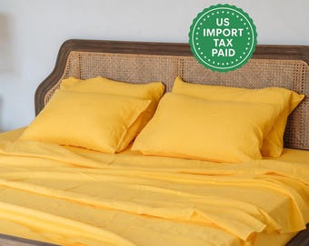 Funda de almohada de lino amarillo brillante Funda de almohada amarilla King Queen Estándar Euro Decorativa Lumbar, Tamaño personalizado Cierre de sobre