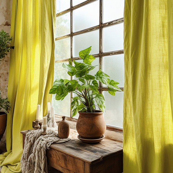 Chartreuse yellow regular and blackout linen curtains 2 panels Unlined Cotton Blackout lining Medium weight linen Custom size