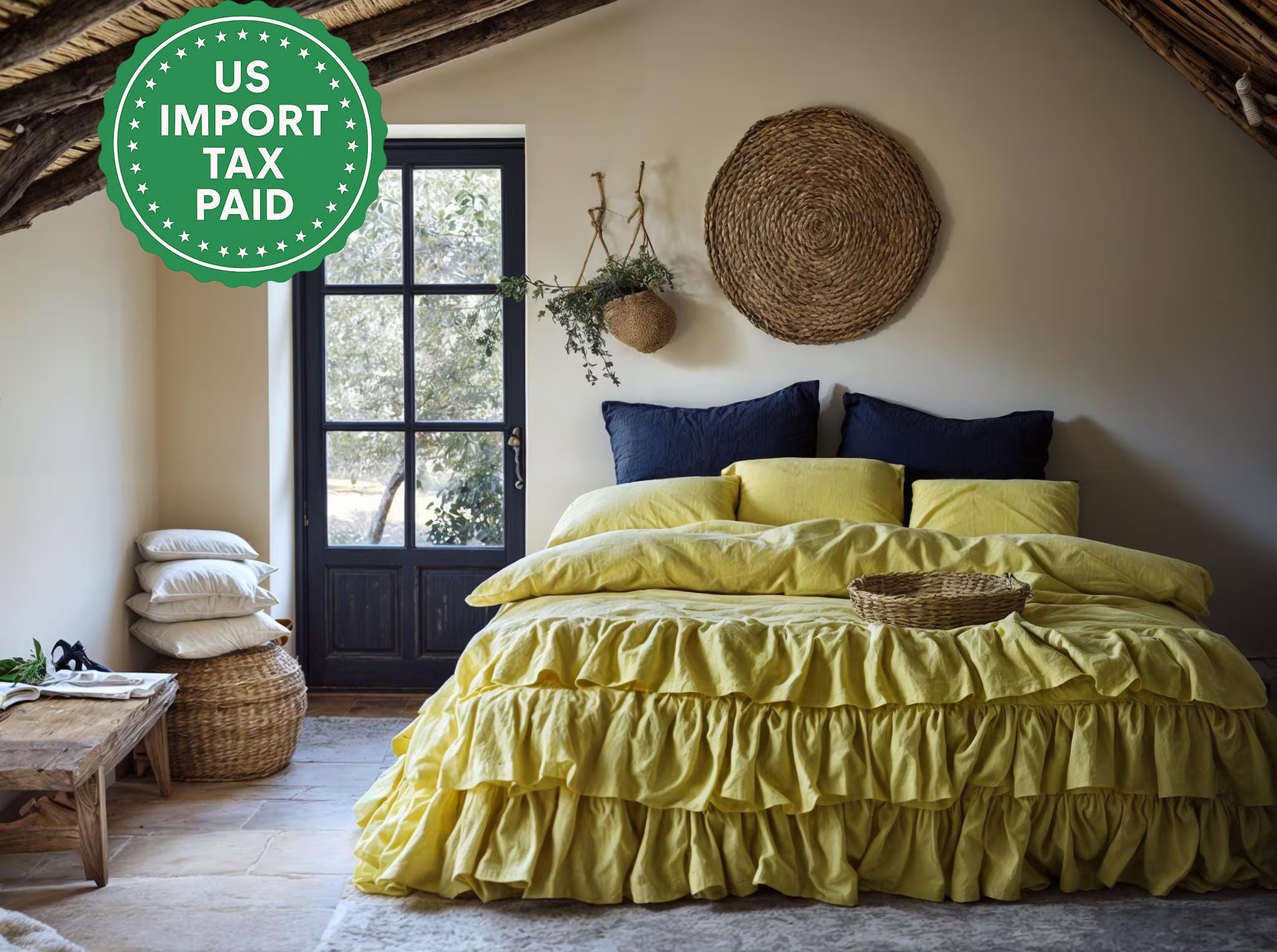 シャルトリューズイエローのリネンフリル付き寝具セット フリル付き