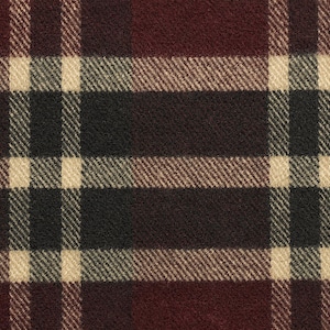 May include: Close-up of a plaid fabric with a repeating pattern. The design features a grid of intersecting lines in burgundy, black, beige, and brown. The fabric has a textured appearance, suggesting a woven material.
