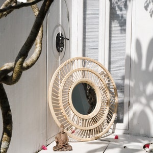 Large rattan wicker mirror Cane webbing mirror Bohemian home decor Boho decor Round framed decorative mirror Bamboo entryway mirror image 5