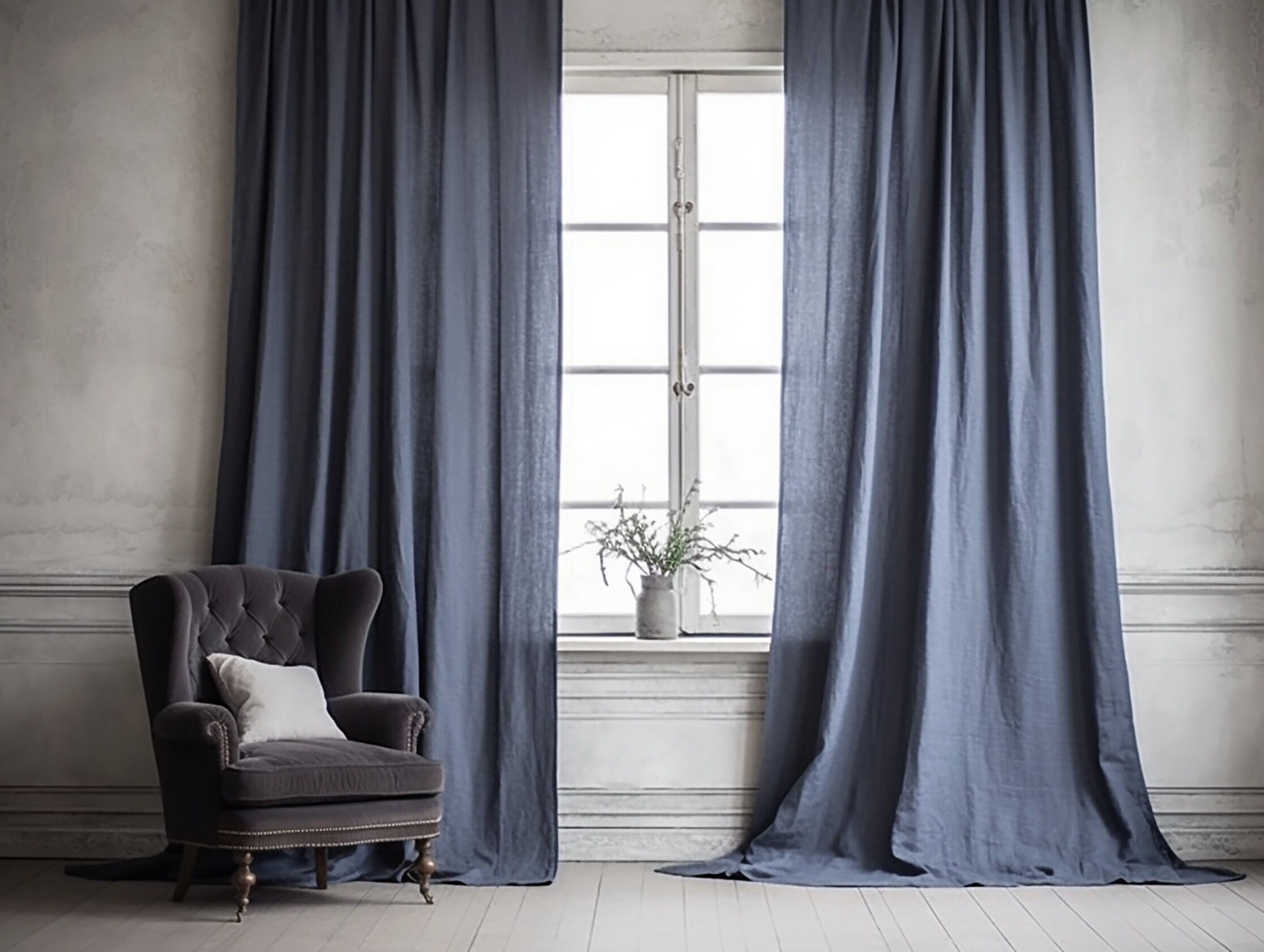 Navy Blue Natural Linen Curtains and Drapes 2 Panels for Living Room –  Anady Top