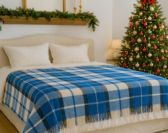 Blau-Weiße Hälfte Wolle Tartan Plaid Decke Weicher, Gemütlicher Überwurf, Warme Wollmischung Bett Plaid für Zuhause oder Sofa