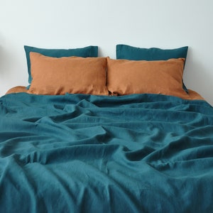 Teal linen coverlet with or without filling Softened linen Medium weight Double Queen California King Custom size bed cover