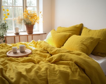 Mustard linen duvet cover set 1 Duvet cover and 2 Pillowcases in mustard color Softened linen bedding set Comforter cover set