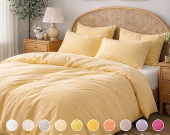 Juego de sábanas de lino color amarillo mantequilla: 1 sábana encimera, 1 sábana bajera y 2 fundas de almohada. Ropa de cama de lino suave con acabado lavado a la piedra en color amarillo mantequilla.
