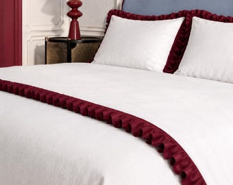 Romantic Ruffled Linen Bedding Set, European Flax Custom Duvet Cover Set, 60 Colors Farmhouse Bedroom Decor, Linen Sheets & Pillowcases