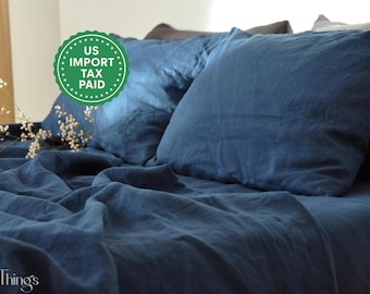 Juego de sábanas de lino azul océano 1 sábana encimera, 1 sábana ajustable y 2 fundas de almohada Ropa de cama de lino suavizado Juego de cama azul lavado a la piedra